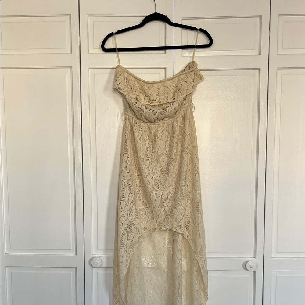 High low off white vintage strapless dress